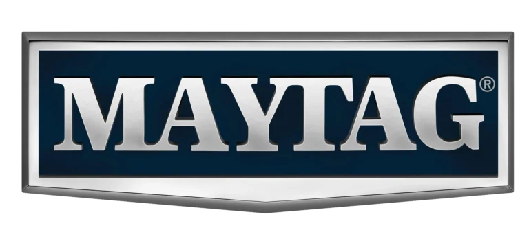 Maytag logo with silver letters on a dark blue background